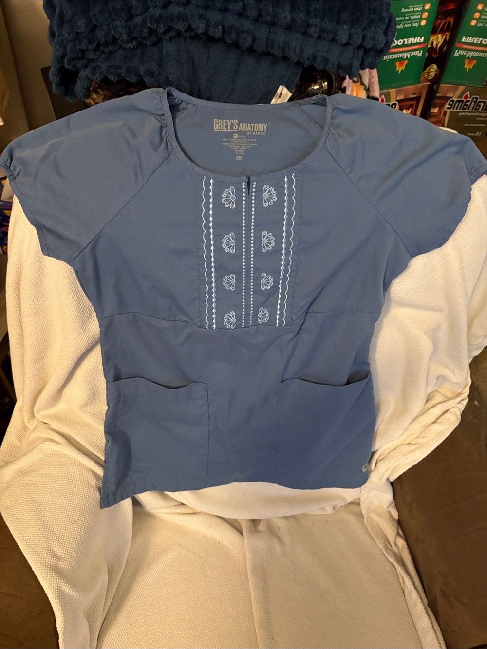 Grey's Anatomy Dusty Blue Embroidered Scoop Neck Scrub Top